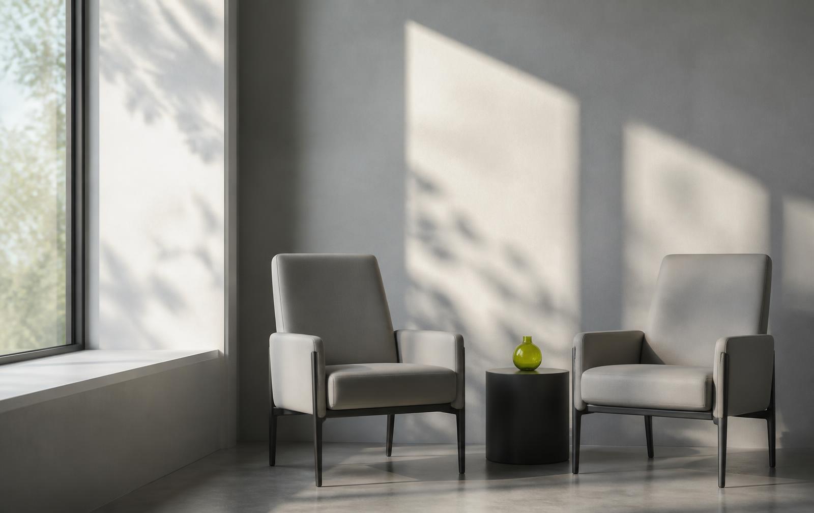 Quiet, well-lit waiting area in a modern mental health clinic